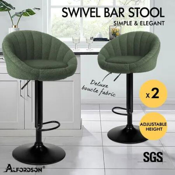 ALFORDSON 2x Bar Stools Gas Lift Sherpa Bar Chairs Kitchen Swivel Susan Green