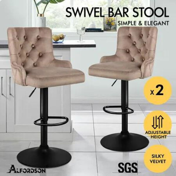 ALFORDSON 2x Bar Stools Gas Lift Velvet Bar Chairs Kitchen Swivel Bella BROWN