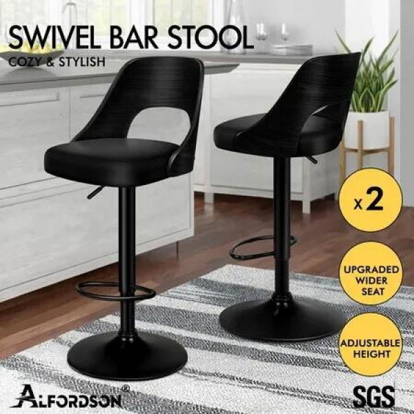 ALFORDSON 2x Bar Stools Kitchen Swivel Chair Wooden Leather Gas Lift All Black