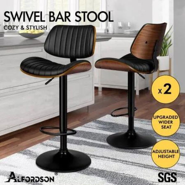 ALFORDSON 2x Bar Stools Kitchen Swivel Chair Wooden Leather Gas Lift Black