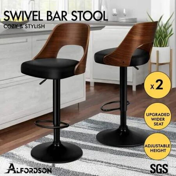 ALFORDSON 2x Bar Stools Kitchen Swivel Chair Wooden Leather Gas Lift Black