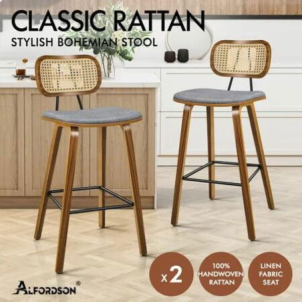 ALFORDSON 2x Bar Stools Kitchen Vintage Fabric Seat Rattan Chair Wooden Grey