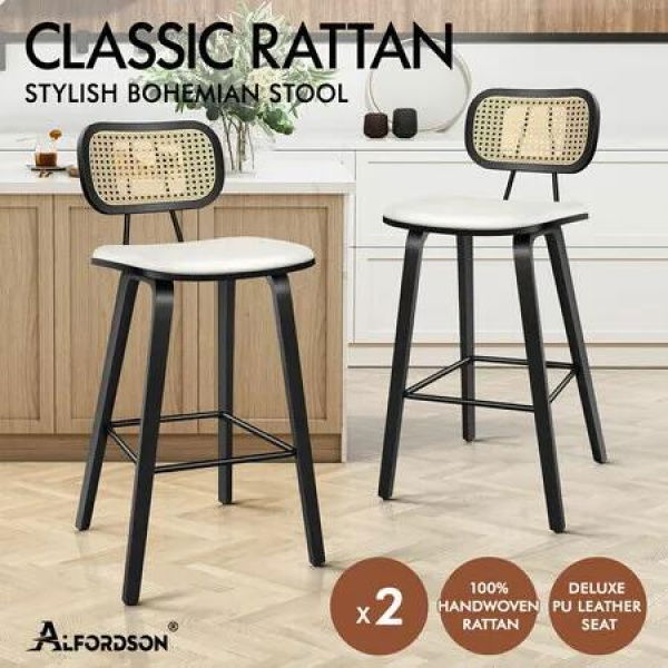 ALFORDSON 2x Bar Stools Kitchen Vintage Leather Seat Rattan Chair Black White