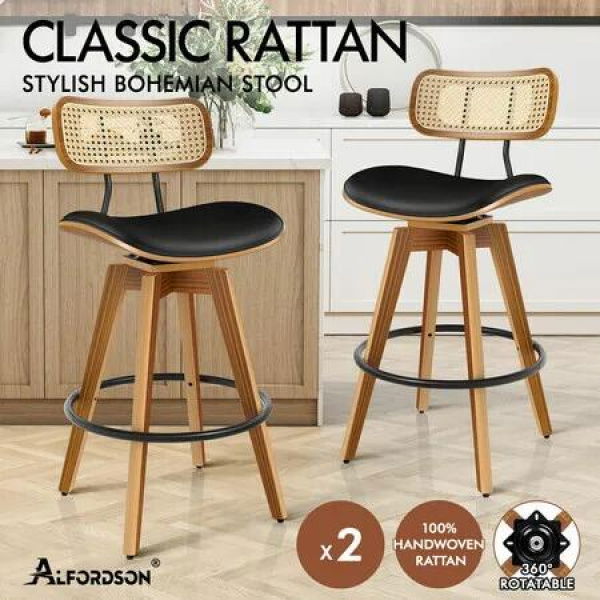 ALFORDSON 2x Bar Stools Kitchen Vintage Leather Seat Rattan Chair Black