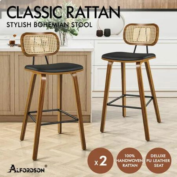 ALFORDSON 2x Bar Stools Kitchen Vintage Leather Seat Rattan Chair Wooden Black