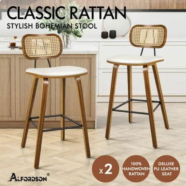 ALFORDSON 2x Bar Stools Kitchen Vintage Leather Seat Rattan Chair Wooden White
