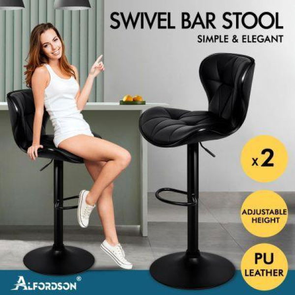 ALFORDSON 2x Bar Stools Luna Kitchen Swivel Chair Leather Gas Lift BLACK