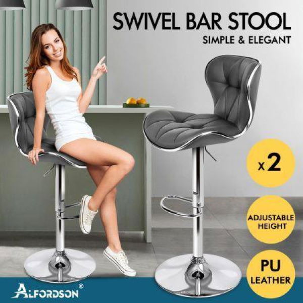 ALFORDSON 2x Bar Stools Luna Kitchen Swivel Chair Leather Gas Lift GREY