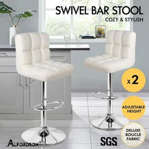 ALFORDSON 2x Bar Stools Ralph Kitchen Swivel Chair Boucle Gas Lift White