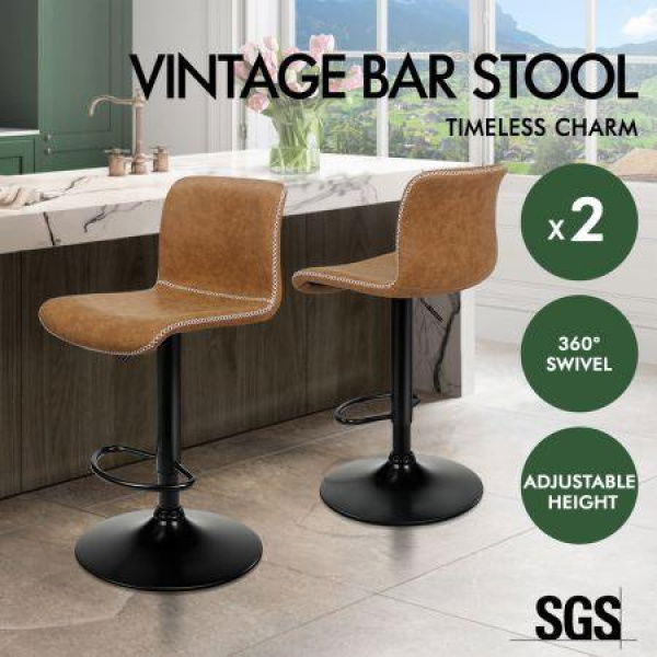 ALFORDSON 2x Bar Stools Remy Kitchen Gas Lift Swivel Chair Vintage Leather BROWN