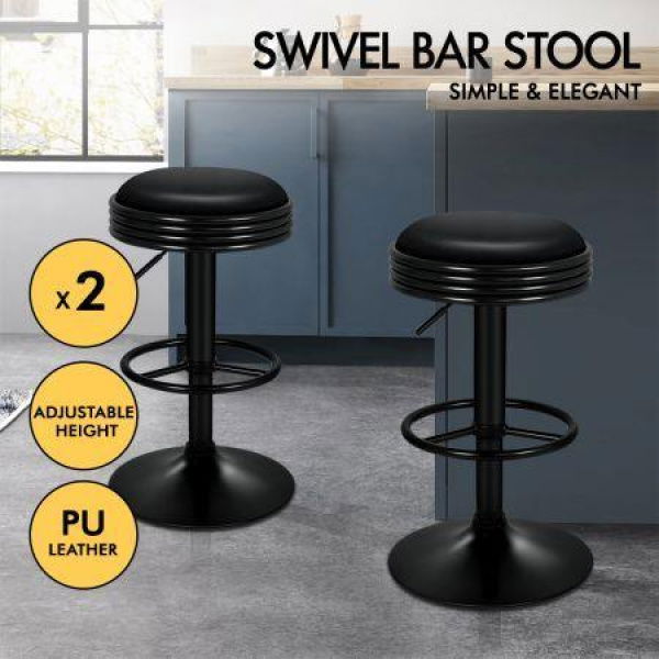 ALFORDSON 2x Bar Stools Sade Kitchen Swivel Chair Leather Gas Lift BLACK