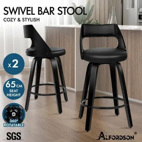ALFORDSON 2x Bar Stools Swivel Chairs Kitchen Wooden Dining Chair ALL BLACK