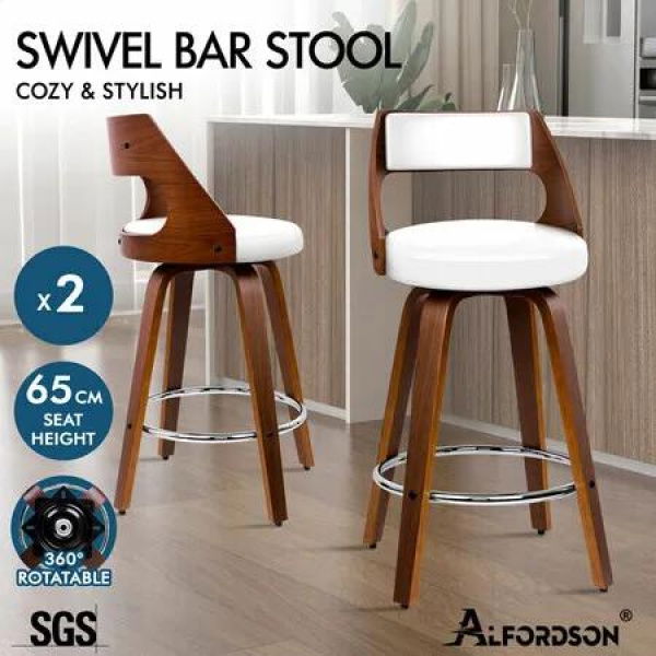ALFORDSON 2x Bar Stools Swivel Chairs Kitchen Wooden Dining Chair Freddy WHITE