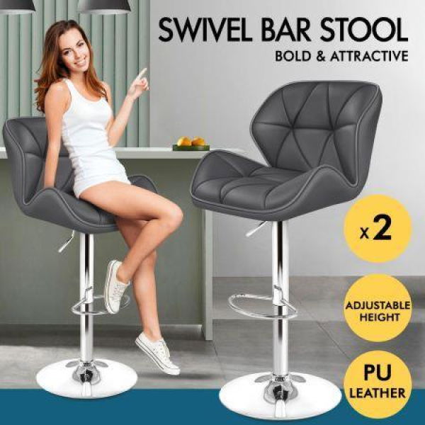 ALFORDSON 2x Bar Stools Willa Kitchen Gas Lift Swivel Chair Leather GREY