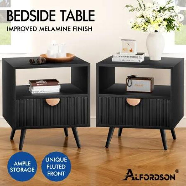 ALFORDSON 2x Bedside Table 1 Drawer Side Storage Shelf Nightstand Black