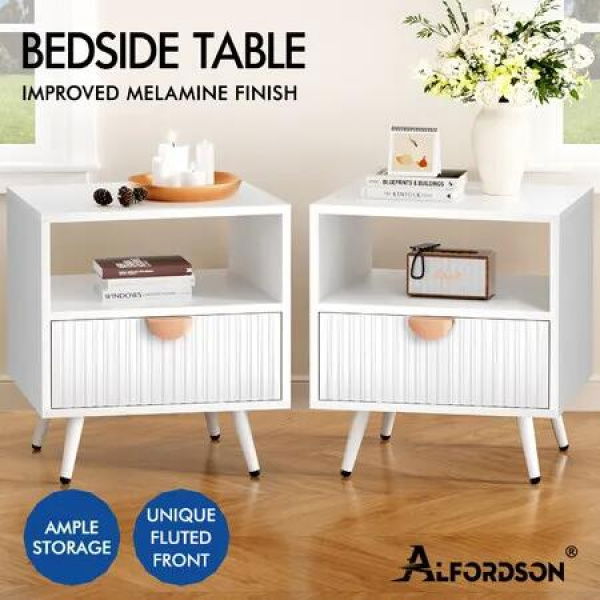 ALFORDSON 2x Bedside Table 1 Drawer Side Storage Shelf Nightstand White