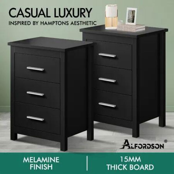 ALFORDSON 2x Bedside Table Hamo Nightstand Storage Side End 3 Drawers Black