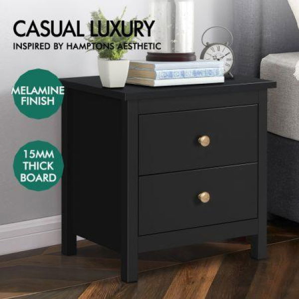 ALFORDSON 2x Bedside Table Hamptons Nightstand Storage Side End 2 Drawers Black