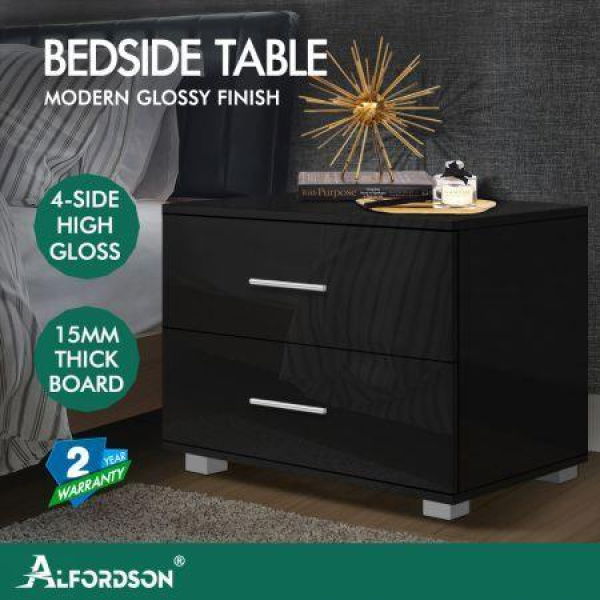 ALFORDSON 2x Bedside Table Nightstand 4 Side High Gloss Black Side End Table Black