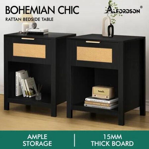 ALFORDSON 2x Bedside Table Nightstand Side End 1 Drawer Storage Shelf Black