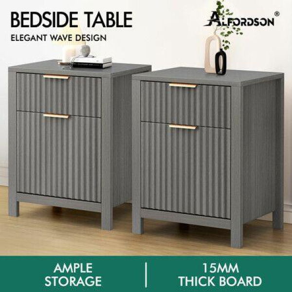 ALFORDSON 2x Bedside Table Nightstand Side Storage 2 Drawers Cabinet Grey