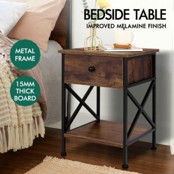 ALFORDSON 2x Bedside Table Retro Wood Nightstand Vintage 1 Drawer Storage Cabinet Wooden Side Table Dark Oak