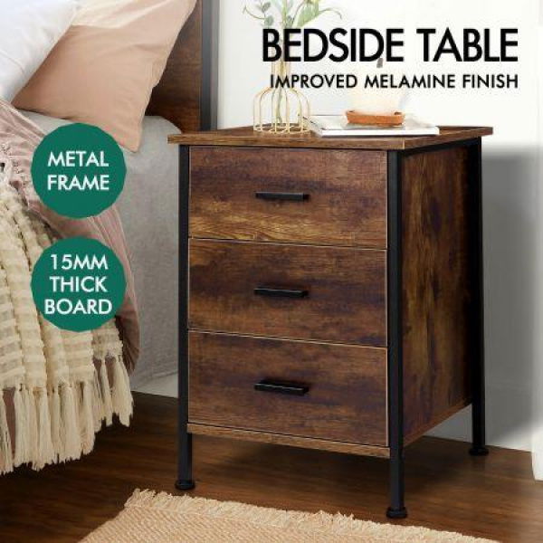 ALFORDSON 2x Bedside Table Retro Wood Nightstand Vintage 3 Drawers Storage Cabinet Wooden Side Table Dark Oak