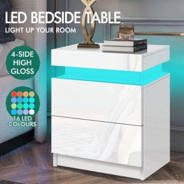 ALFORDSON 2x Bedside Table RGB LED Nightstand 2 Drawers 4 Side High Gloss White