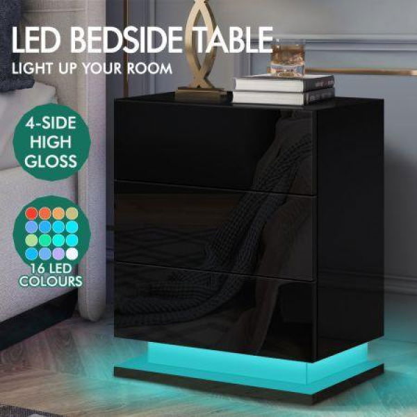 ALFORDSON 2x Bedside Table RGB LED Nightstand 3 Drawers 4 Side High Gloss Black