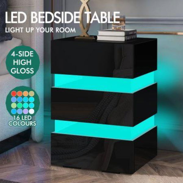 ALFORDSON 2x Bedside Table RGB LED Nightstand 3 Drawers 4 Side High Gloss Black