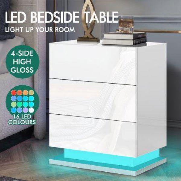 ALFORDSON 2x Bedside Table RGB LED Nightstand 3 Drawers 4 Side High Gloss White