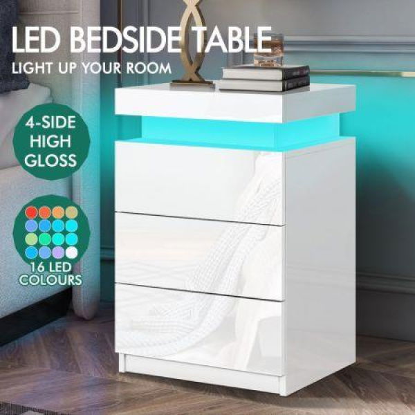 ALFORDSON 2x Bedside Table RGB LED Nightstand 3 Drawers 4 Side High Gloss White