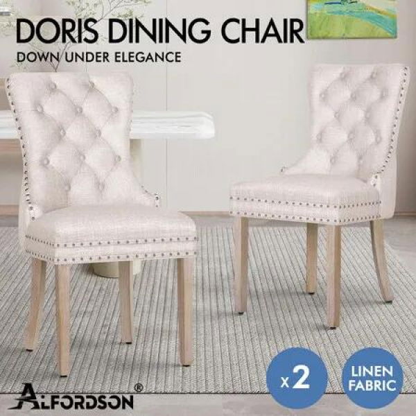 ALFORDSON 2x Dining Chair Kitchen Lounge Retro Button Tufted Wooden Fabric Beige