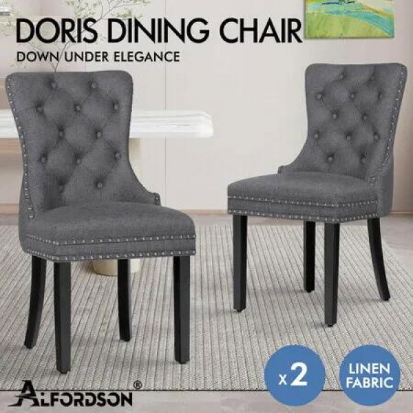 ALFORDSON 2x Dining Chair Kitchen Lounge Retro Button Tufted Wooden Fabric Grey