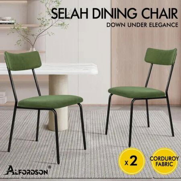 ALFORDSON 2x Dining Chairs Accent Kitchen Lounge Curved Backrest Corduroy Green