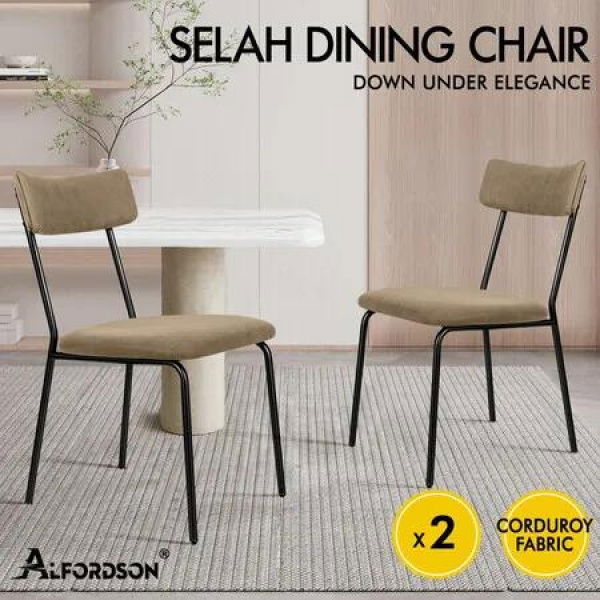 ALFORDSON 2x Dining Chairs Accent Kitchen Lounge Curved Backrest Corduroy Khaki