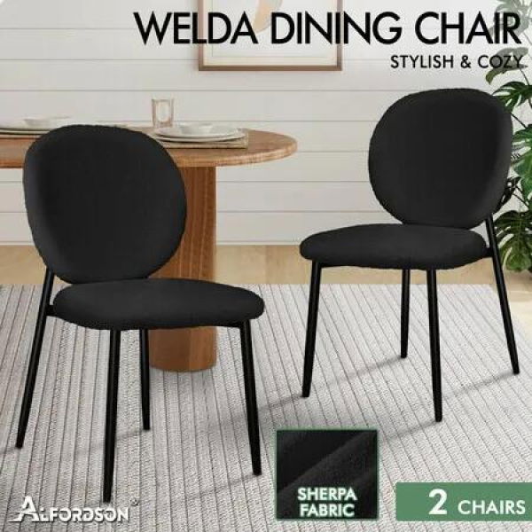 ALFORDSON 2x Dining Chairs Cafe Kitchen Lounge Curved Wooden Back Sherpa Black