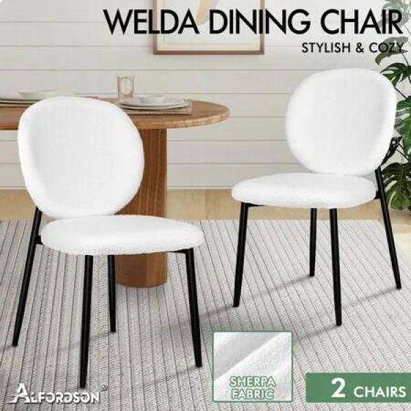 ALFORDSON 2x Dining Chairs Cafe Kitchen Lounge Curved Wooden Back Sherpa White