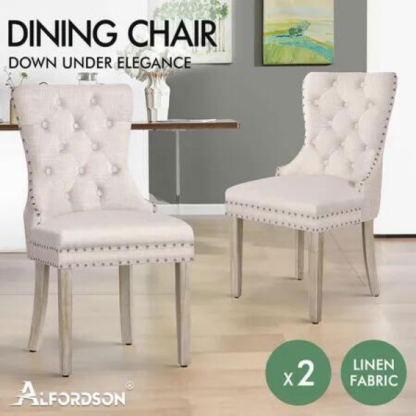 ALFORDSON 2x Dining Chairs Kitchen Lounge Padded Diamond Tufted Fabric Beige