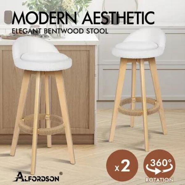 ALFORDSON 2x Kitchen Bar Stools Liam Wooden Swivel Bar Stool Chairs Boucle White