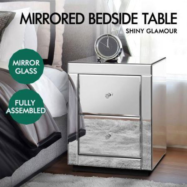 ALFORDSON 2x Mirrored Bedside Table Cabinet Nightstand Side End Table Drawers