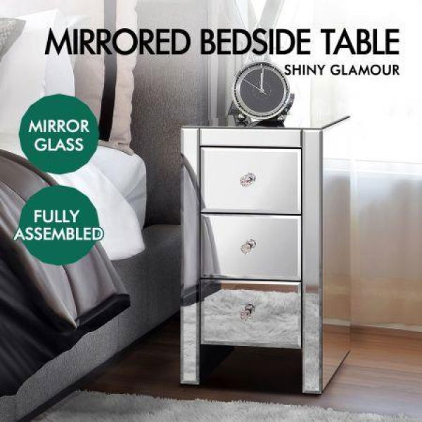 ALFORDSON 2x Mirrored Bedside Table Cabinet Nightstand Side End Table Drawers