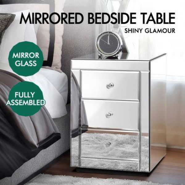 ALFORDSON 2x Mirrored Bedside Table Cabinet Nightstand Side End Table Drawers