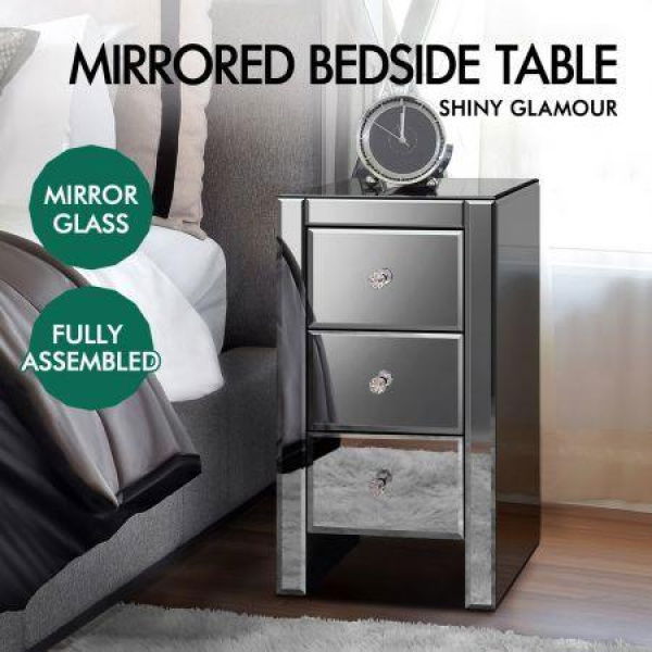 ALFORDSON 2x Mirrored Bedside Table Cabinet Nightstand Side End Table Drawers