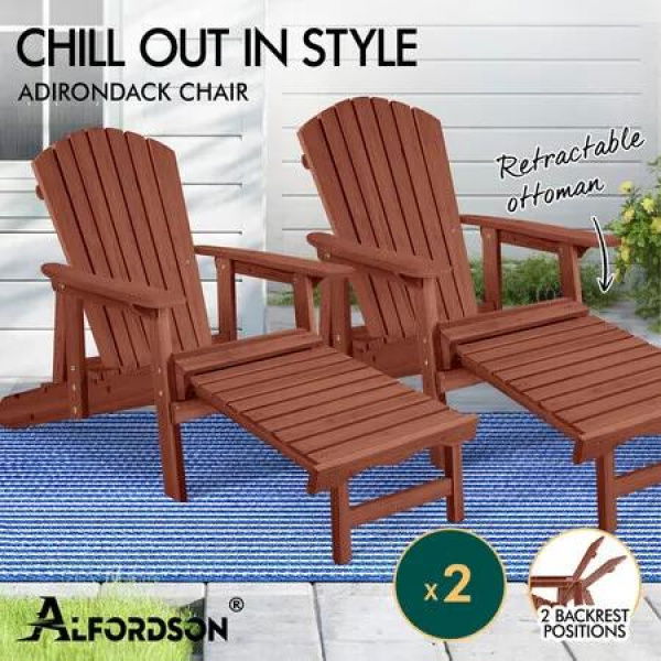 ALFORDSON 2x Outdoor Chairs Wooden Adirondack w/ Ottoman Patio Beach Garden Brown