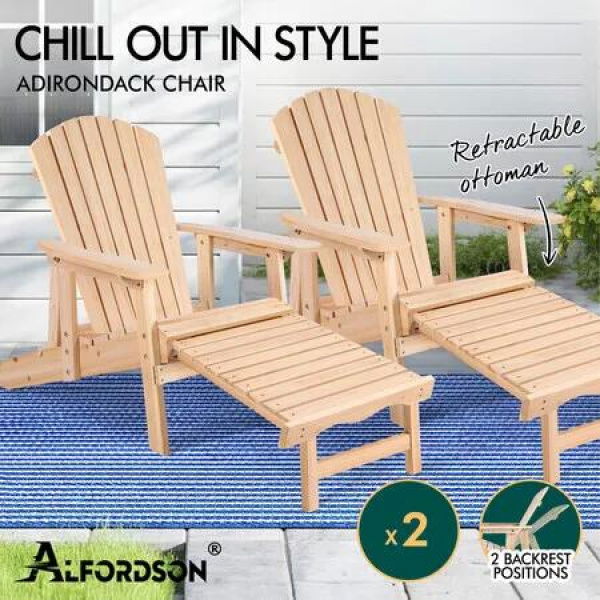 ALFORDSON 2x Outdoor Chairs Wooden Adirondack w/ Ottoman Patio Beach Garden Wood