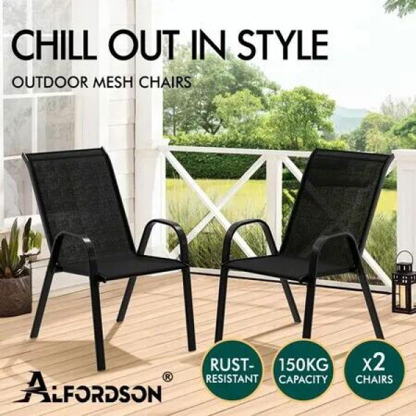 ALFORDSON 2x Outdoor Lounge Chairs Patio Dining Furniture Garden Stackable Black