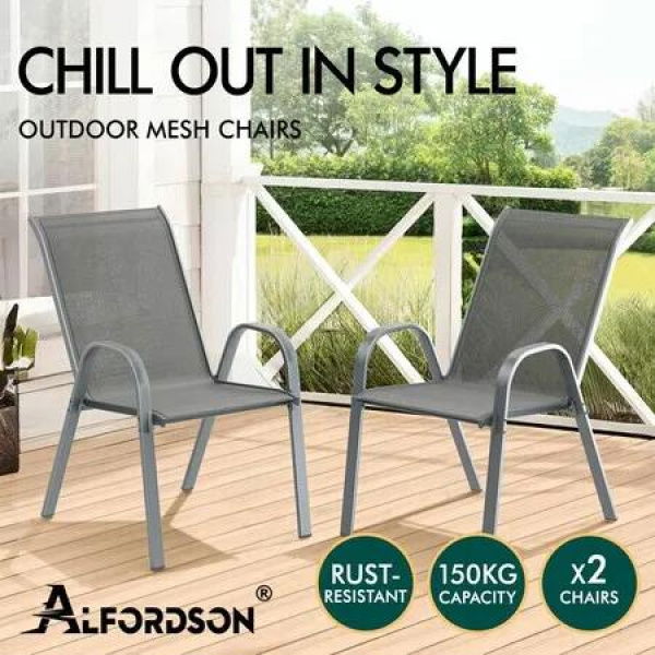 ALFORDSON 2x Outdoor Lounge Chairs Patio Dining Furniture Garden Stackable Grey