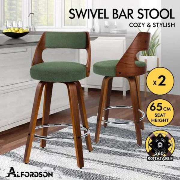 ALFORDSON 2x Swivel Bar Stools 65cm Kitchen Wooden Dining Chair Boucle Green