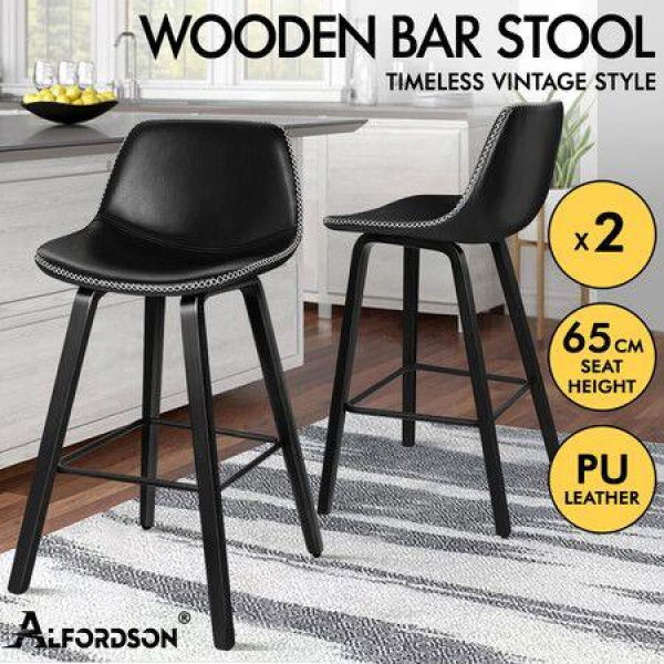 ALFORDSON 2x Wooden Bar Stools Noah Kitchen Dining Chair Vintage Retro All Black